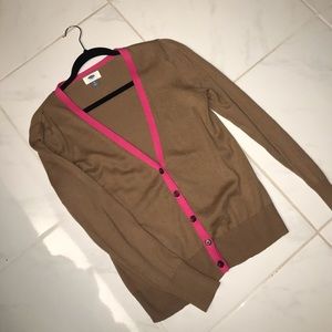 Tan cardigan with hot pink lining